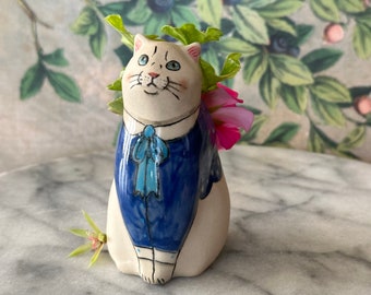 Vase - Sitting White Cat wearing a dark blue blouse w/bow - Ceramic Cat Figurine / Vase handmade from stoneware clay - each are 1 of a kind