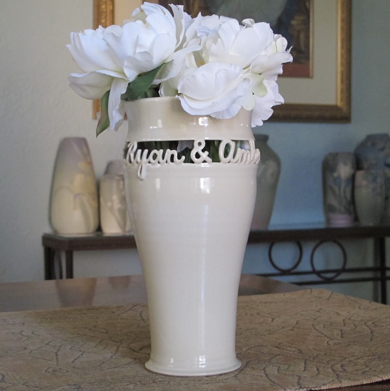 Personalized Couple's Vase Two Names Only Wedding Vase Anniversary Gift Sweetheart Vase Hand thrown & carved from white stoneware image 2