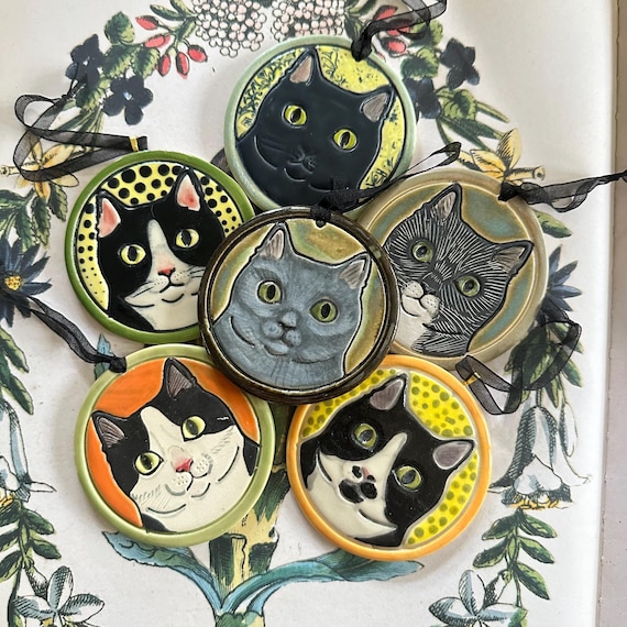 Ceramic Cat Portrait Ornament - Stoneware Clay w/ underglaze & transfer designs - black and white tuxedo, all black, gray cat