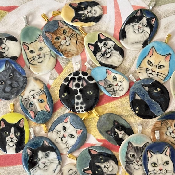 Ceramic Cat Pendant - your choice of 24 - handmade of stoneware clay - drawn freehand - colored w/glazes & underglazes - cat lover gift 4A by MaidOfClay