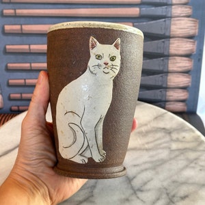 Cat vase / tumbler sitting white-ish cat Hand thrown dark brown clay w/thick slip cat design drawn freehand & decorated w/oxides image 7