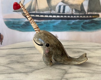 Handmade Ceramic Narwhal with a heart at the end of its horn - hand sculpted stoneware clay