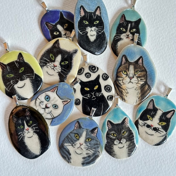 Ceramic Cat Pendant - your choice - handmade from stoneware clay - each drawn freehand - colored w/glazes & underglazes - cat lover gift B