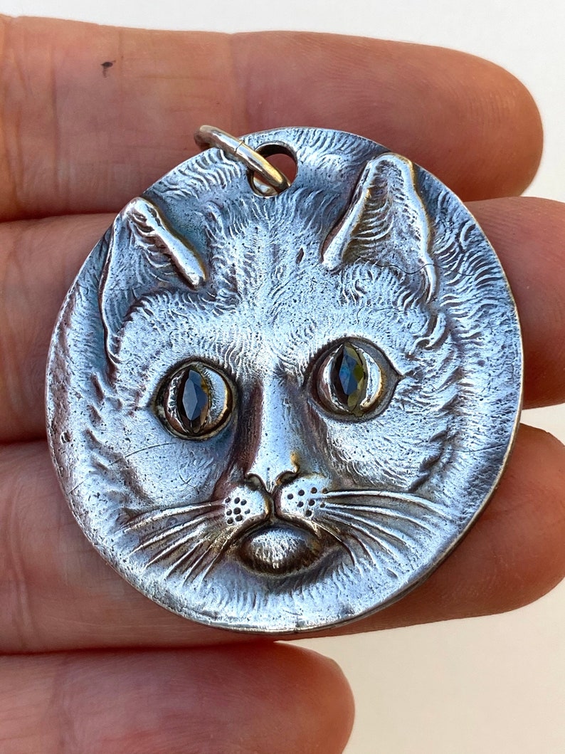Large Victorian Style Cat Pendant \u2022 Fine Silver .999 Precious Metal Clay \u2022 glass eyes \u2022 marcasite tone \u2022 cat lover gift \u2022 cat lady