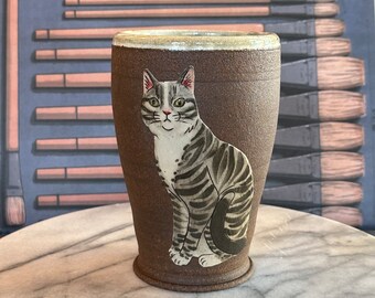 Cat vase / tumbler - white / gray tabby cat - Hand thrown dark brown clay w/thick slip cat design drawn freehand & decorated w/oxides