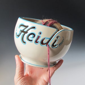 Name Yarn Bowl - Custom Personalized Ceramic Yarn Bowl with Cutout Name - Choice of different color trim - Handthrown and carved