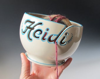 Name Yarn Bowl - Custom Personalized Ceramic Yarn Bowl with Cutout Name - Choice of different color trim - Handthrown and carved