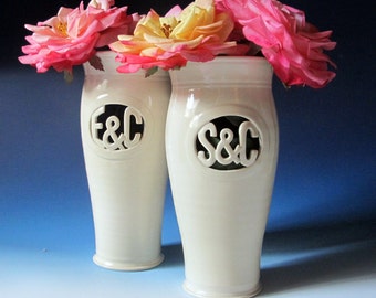 Monogram Vase w/ Initials & Ampersand - Personalized hand thrown / carved ceramic  - Heirloom Wedding Vase / Housewarming Gift - Handmade