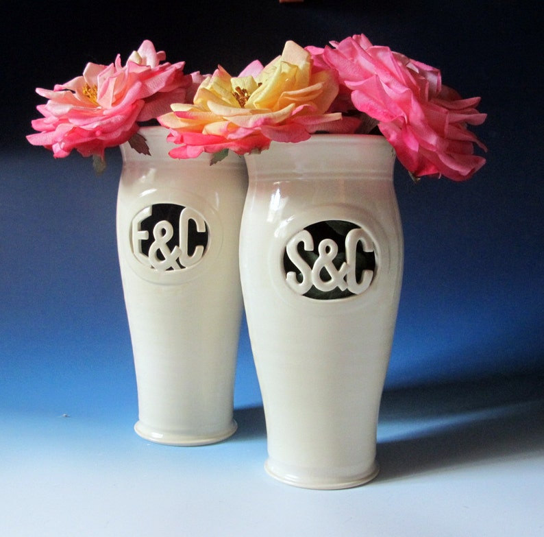 Monogram Vase w/ Initials & Ampersand Personalized hand thrown / carved ceramic Heirloom Wedding Vase / Housewarming Gift Handmade image 1