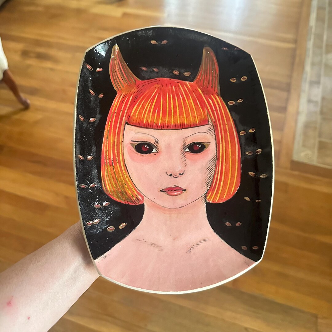 Hand Built Ceramic Plate Devil Girl With Red Hair and Black Eyes With ...