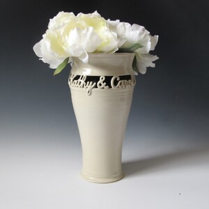 Personalized Couple's Vase Two Names Only Wedding Vase Anniversary Gift Sweetheart Vase Hand thrown & carved from white stoneware image 5