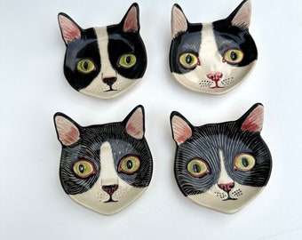 Small Handmade Ceramic B&W Tuxedo Cat Head Dishes - use as a prep dish, ring dish, candle holder, on a  charcuterie board -