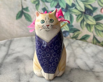 Sitting Ginger Tabby Cat in purple sweater w/dots - Ceramic Cat Figurine / Vase handmade from stoneware clay - each are 1of a kind