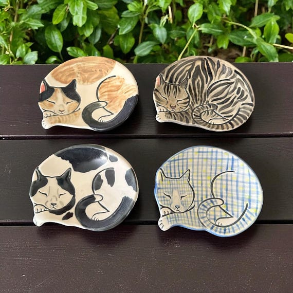 Hand made ceramic cat ring dish - sleeping cat - prep dish - trinket tray - jewelry tray - cat lover gift, cat lady - choice of 4 by MaidOfClay