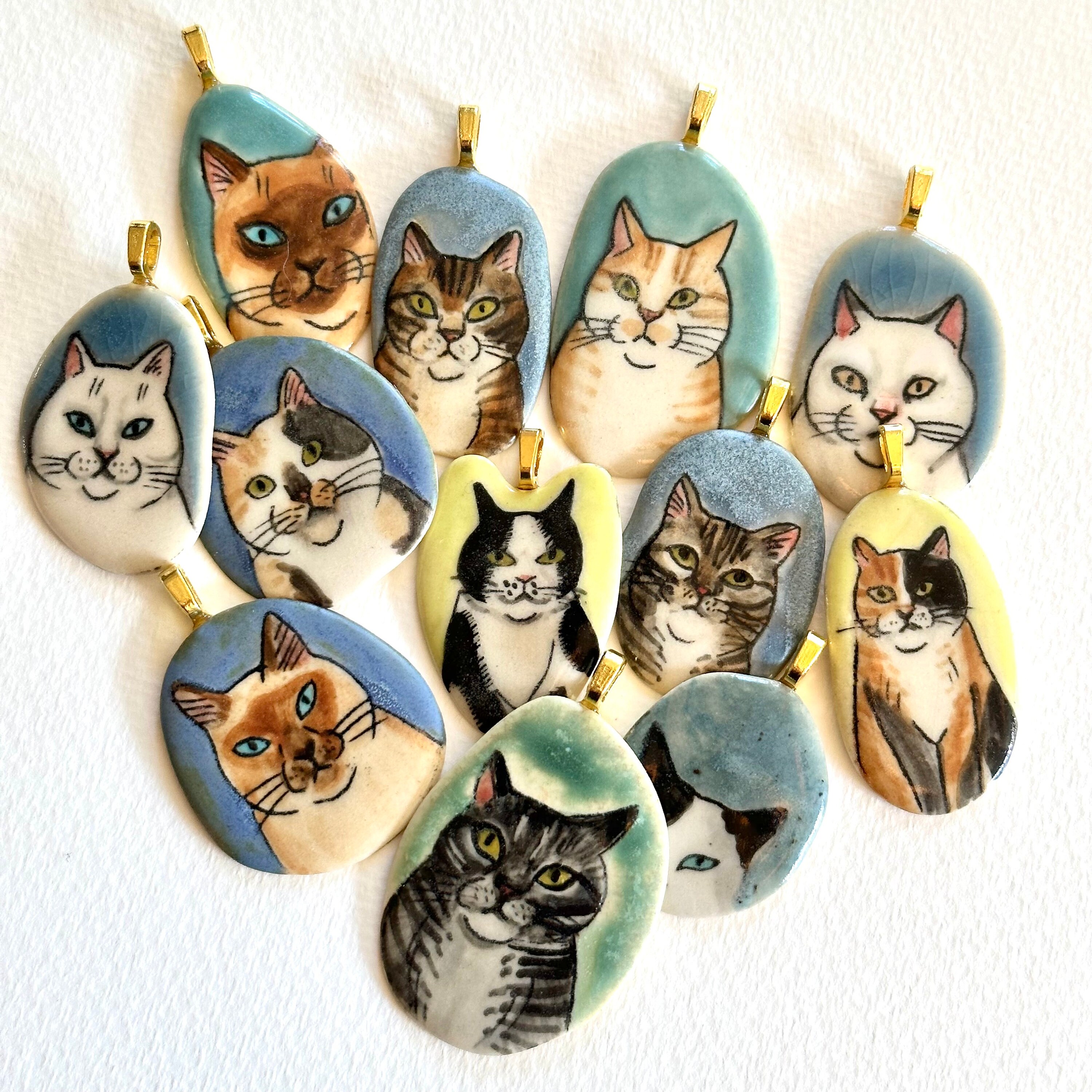 Ceramic Cat Pendant - your choice - handmade from stoneware clay - each drawn freehand - colored w/glazes & underglazes - cat lover gift A by MaidOfClay
