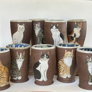 Cat vase / tumbler sitting white-ish cat Hand thrown dark brown clay w/thick slip cat design drawn freehand & decorated w/oxides image 8