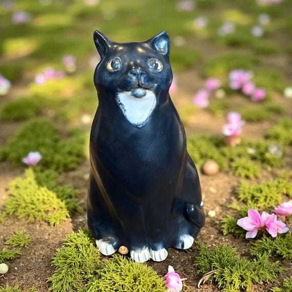 Hand sculpted Tuxedo Cat ceramic sculpture / figurine - Cat lover gift - Desk Companion - Black & White Cat Sitting Figure by MaidOfClay