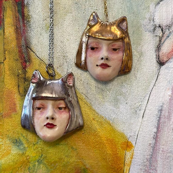 Kitty Girl Ceramic Pendants - Your choice of Gold luster or Palladium (silver) luster on 18&quot; stainless steel cable chain by MaidOfClay