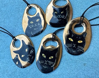 Black Cat ceramic pendants with 22k gold background on black stretch necklace - Group I