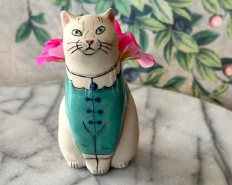 Vase - Sitting White Cat in aqua blue blouse w/collar - Ceramic Cat Figurine / Vase handmade from stoneware clay - each are 1 of a kind