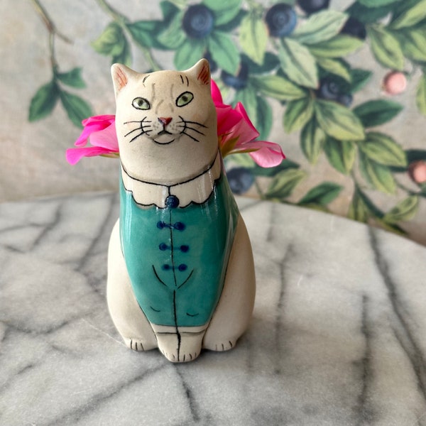 Vase - Sitting White Cat in aqua blue blouse w/collar - Ceramic Cat Figurine / Vase handmade from stoneware clay - each are 1 of a kind