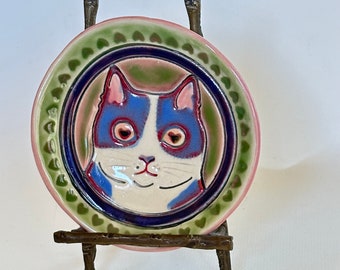 Purple Red Tuxedo Cat Love Kitty Ceramic Cat Dish with green heart border - cat lady gift, cat love - Hypnotizing Cat Heart Eyes