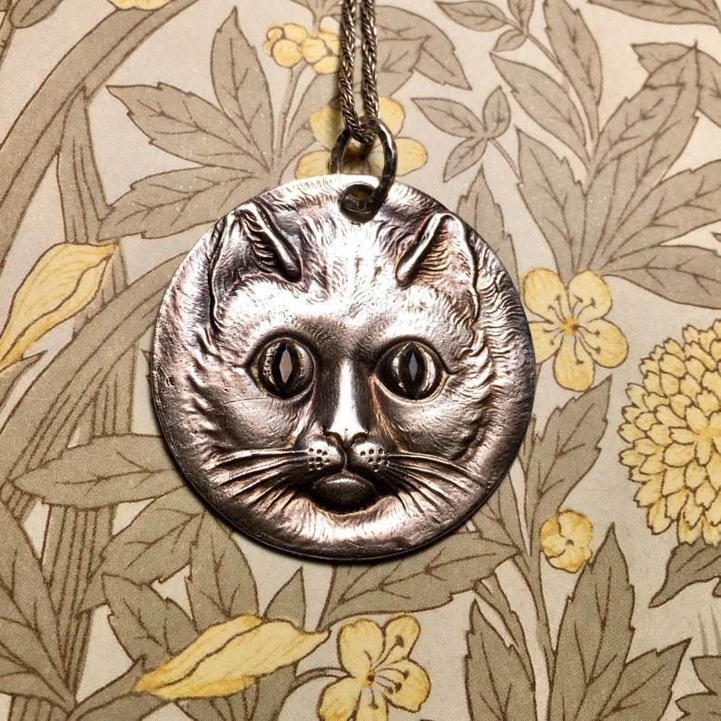 Large Victorian Style Cat Pendant \u2022 Fine Silver .999 Precious Metal Clay \u2022 glass eyes \u2022 marcasite tone \u2022 cat lover gift \u2022 cat lady