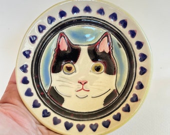 Tuxedo Cat Love Kitty Ceramic Cat Dish with black  heart border - cat lady gift, cat love - Hypnotizing Cat Heart Eyes