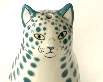 Teal Blue Green Cat Vase - Graduated Dots - small hole for single slim stem incl heart - handmade - cat lover gift  - Cat E