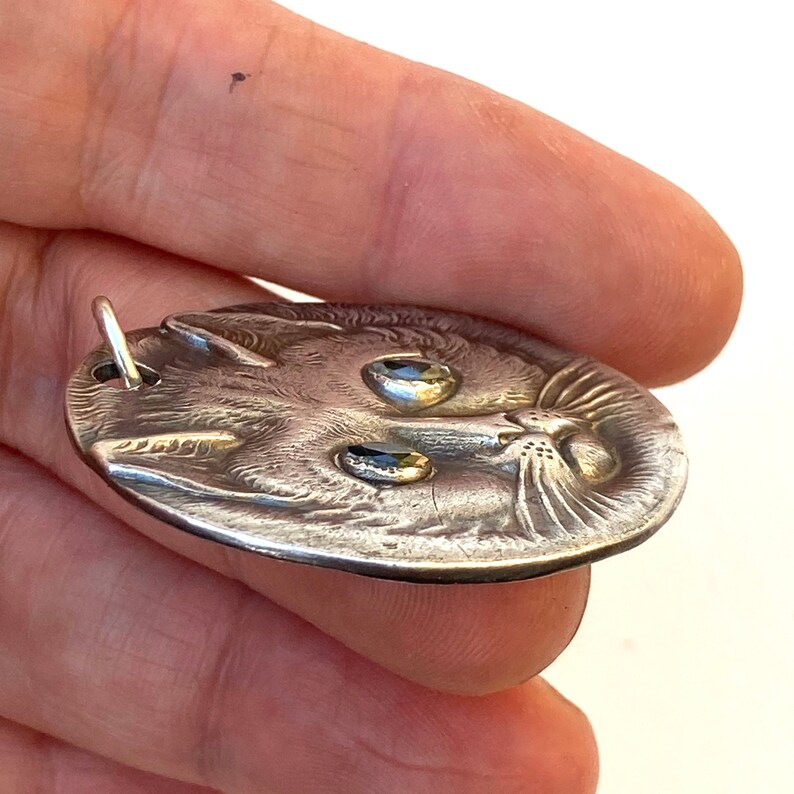 Large Victorian Style Cat Pendant \u2022 Fine Silver .999 Precious Metal Clay \u2022 glass eyes \u2022 marcasite tone \u2022 cat lover gift \u2022 cat lady