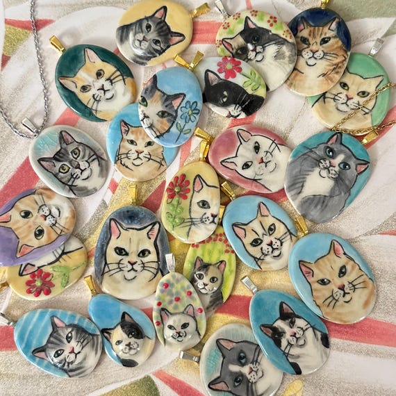 Ceramic Cat Pendant - your choice of 24 - handmade of stoneware clay - drawn freehand - colored w/glazes & underglazes - cat lover gift 3A by MaidOfClay