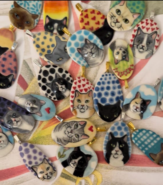 Ceramic Cat Pendant - your choice of 24 - handmade of stoneware clay - drawn freehand - colored w/glazes & underglazes - cat lover gift 2A by MaidOfClay