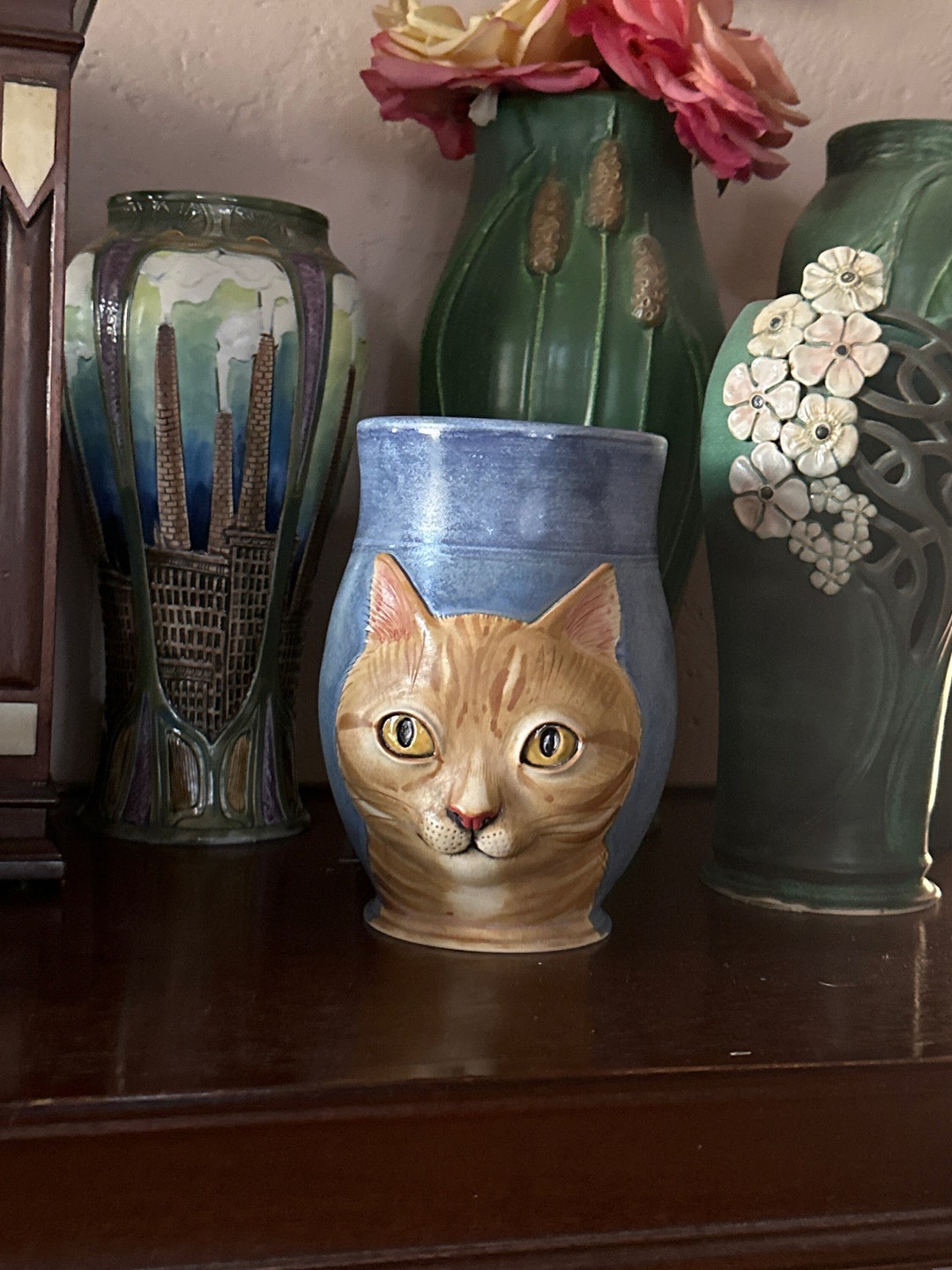 Ginger Tabby Cat Vase Hand Thrown and Sculpted From White Stoneware