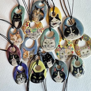 Ceramic Cat Pendant - your choice - handmade from stoneware clay - each drawn freehand - colored w/glazes & underglazes - cat lover gift G