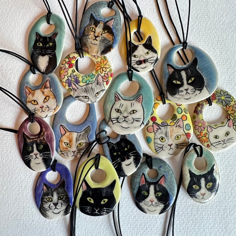 Ceramic Cat Pendant your choice handmade from stoneware clay each drawn freehand colored w/glazes & underglazes cat lover gift G image 1