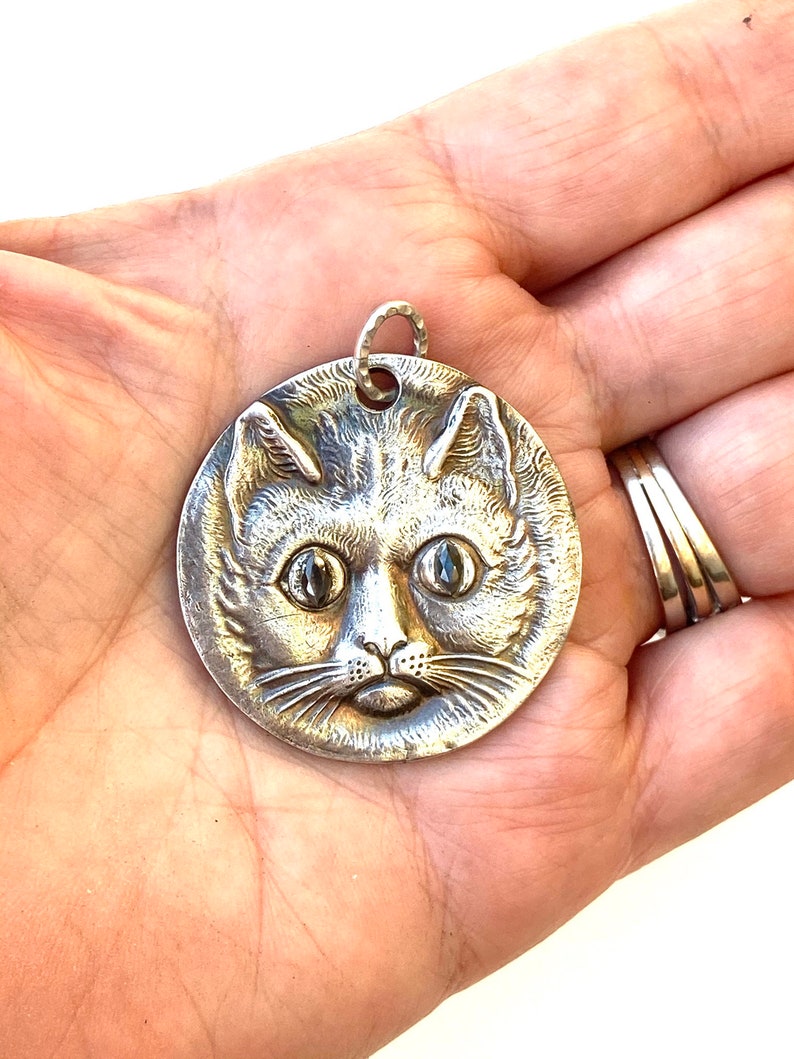 Large Victorian Style Cat Pendant \u2022 Fine Silver .999 Precious Metal Clay \u2022 glass eyes \u2022 marcasite tone \u2022 cat lover gift \u2022 cat lady