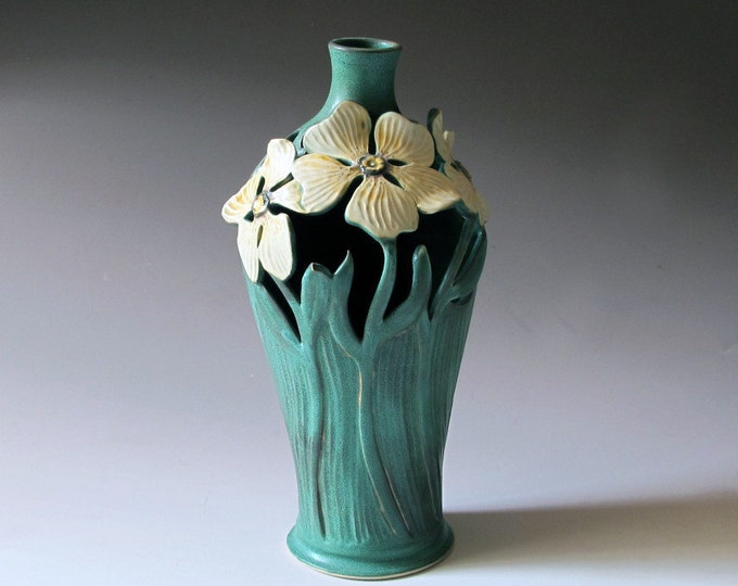 Art Nouveau Style Vase With Floral Design Matte Green Studio Etsy