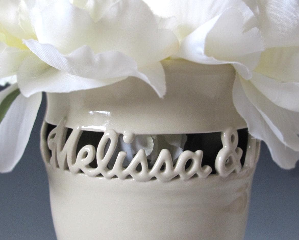 Two Names Only • Personalized Couple's Vase • Wedding Vase - Anniversary Gift - Sweetheart Vase - Hand thrown & carved from white stoneware by MaidOfClay