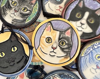 Ceramic Cat Portrait Ornament - Stoneware Clay w/ underglaze & transfer designs - Each one of a kind - Tuxedo, Calico, Ginger / Gray Tabby