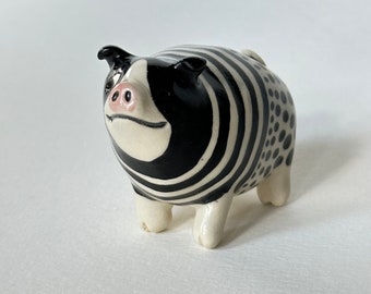 Little Pig Figurine - Handmade from White Stoneware Clay - Black and white stripes and polka dots in graduating sizes - Breton top