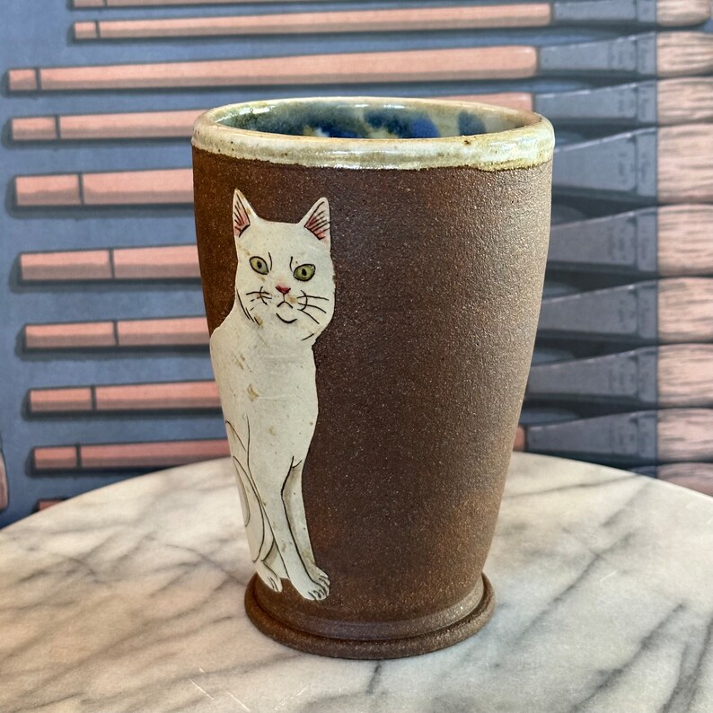 Cat vase / tumbler sitting white-ish cat Hand thrown dark brown clay w/thick slip cat design drawn freehand & decorated w/oxides image 3