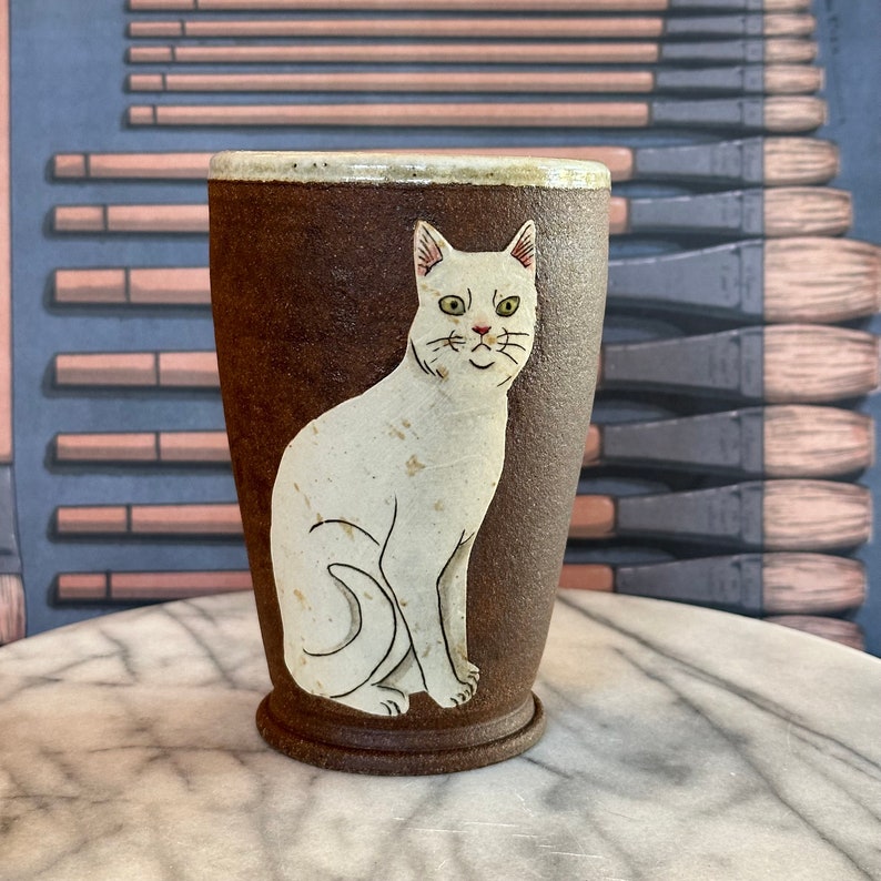 Cat vase / tumbler sitting white-ish cat Hand thrown dark brown clay w/thick slip cat design drawn freehand & decorated w/oxides image 2