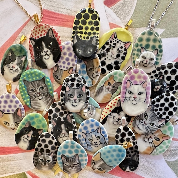 Ceramic Cat Pendant - your choice of 24 - handmade of stoneware clay - drawn freehand - colored w/glazes & underglazes - cat lover gift 1A by MaidOfClay