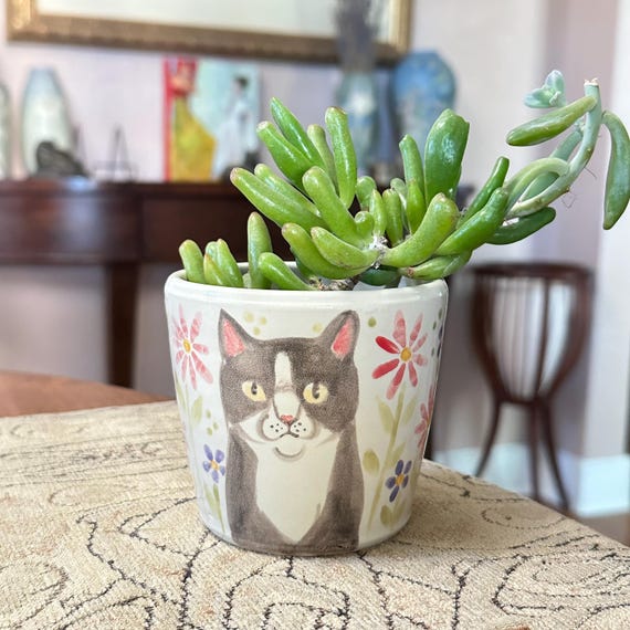 Tiny handmade ceramic planter (with hole) with a mini portrait of a tuxedo cat in the garden - striped interior - 3-1/4" tall by MaidOfClay