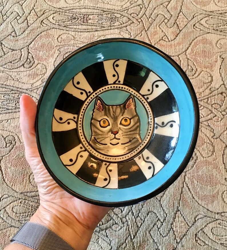 cat lady gift Ceramic Bowl Handmade Cat Ceramic Dish cat lover blue and black border Gray and black tabby cat portrait