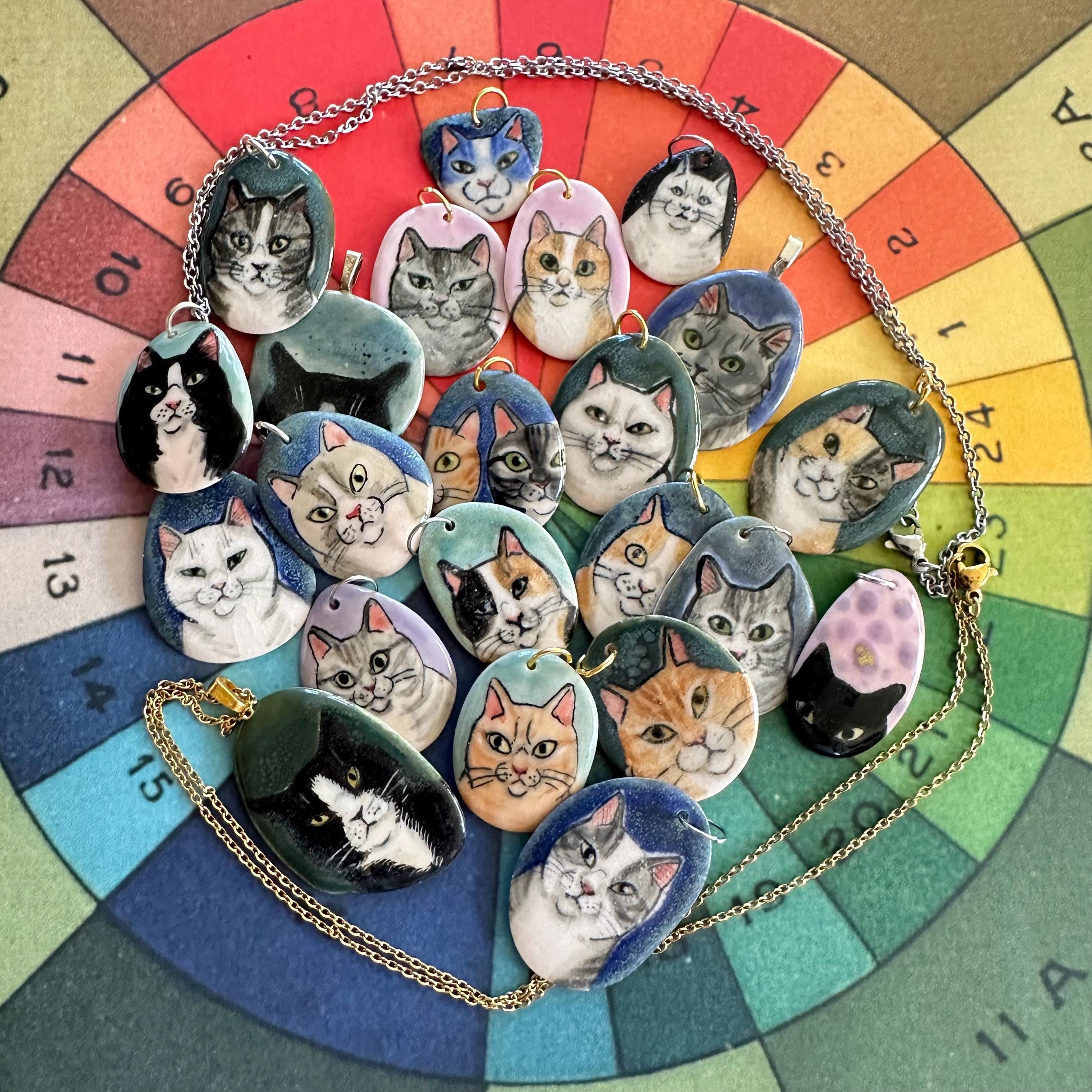 Ceramic Cat Pendant - your choice - handmade from porcelain clay - each drawn freehand - colored w/glazes & underglazes - cat lover gift L by MaidOfClay