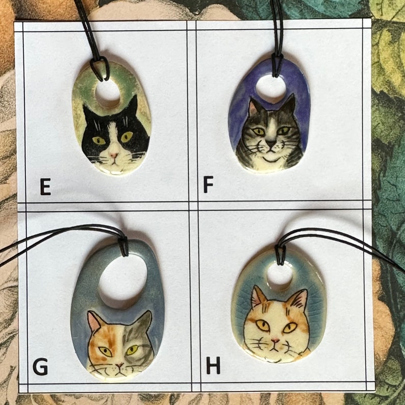 Ceramic Cat Pendant your choice handmade from stoneware clay each drawn freehand colored w/glazes & underglazes cat lover gift G image 3