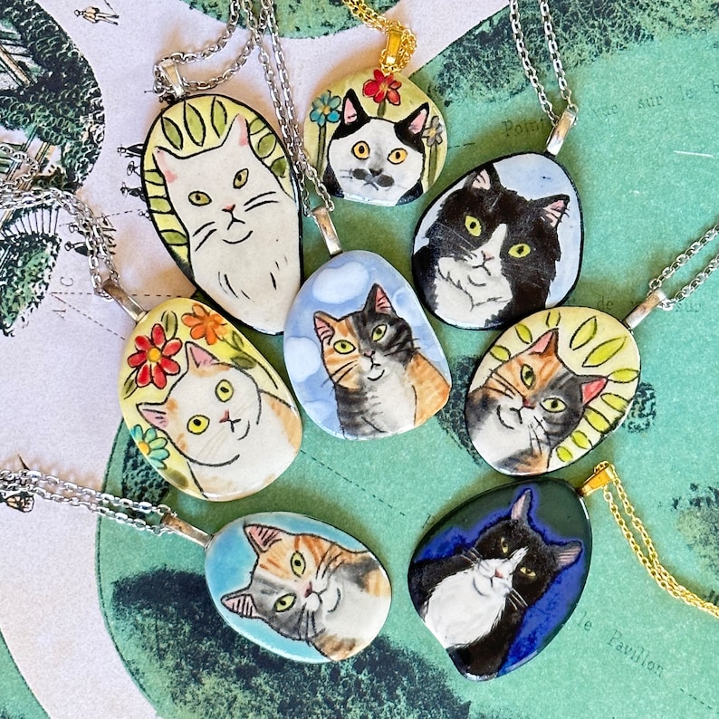 Ceramic Cat Pendant your choice handmade from stoneware clay each drawn freehand colored w/glazes & underglazes cat lover gift F image 1