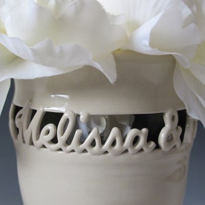 Personalized Couple's Vase Two Names Only Wedding Vase Anniversary Gift Sweetheart Vase Hand thrown & carved from white stoneware image 1