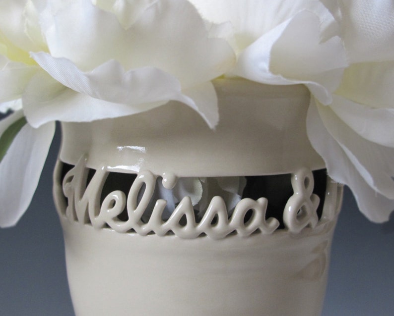 Personalized Couple's Vase Two Names Only Wedding Vase Anniversary Gift Sweetheart Vase Hand thrown & carved from white stoneware image 1